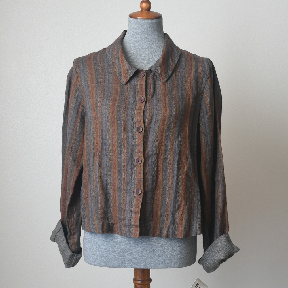 NWT FLAX Linen Striped Button Up Shirt Size Small
